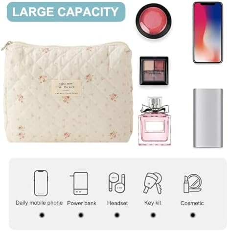 Lushandy 3 Pcs Quilted Floral Makeup Bag Set Cute Cosmetic Bag Coquette Aesthetic Makeup Bag Large Travel Makeup Organizer Toiletry Bag