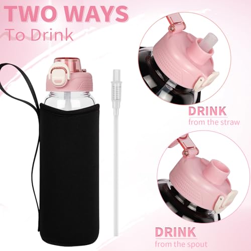 DEARRAY 600ml Glass Kids Water Bottle with Straw & Neoprene Sleeve 0.6l BPA free School Glass Drinking Bottle Leakproof
