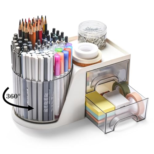 Sagreeny Rotating Desk Organizer with 2 Drawer, Pencil Pen Holder for Desk, Desk Organizers and Accessories with 4 Compartments + Drawer for Office Home Art Supplies White