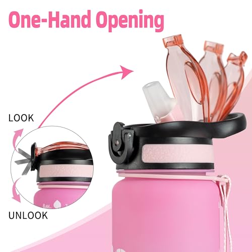 Water Bottle 1L / 32oz with Motivational Time Marker Straw Strainer SK Tritan Plastic BPA Free Sport Water Bottles for kids Fitness Gym Office Outdoor Sports and Exercise | Leak Proof (Pink & Blue)