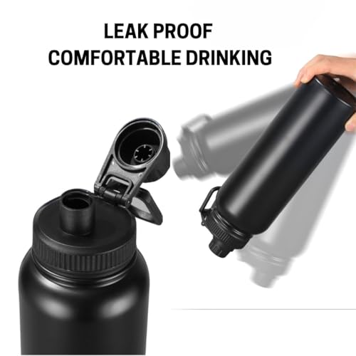 Triple Wall Vacuum Stainless Steel Water BOTTLE Insulated Stainless Steel Water Bottle 24oz with Straw-Brush-3 Lid-handle, 1L Bottle for Sports jym, Travel, office school kids water bottle (black)
