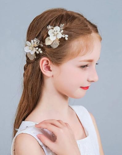 Wedding Flower Girl Hair Pins Bride Pearl Hair Piece Crystals Hair Clips Bridal Hair Accessories for Women and Girls Pack of 2 (Gold)