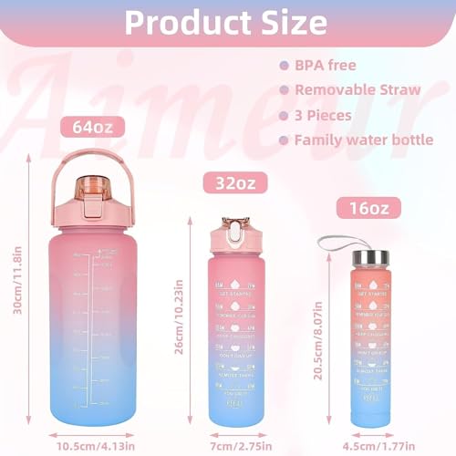 3 Pack Sports Water Bottle With Straw,2L+900ml+500ml Measured Plastic Drinking BPA Free Non-Toxic Sports Drinks Time Markings Motivational Fitness (Pink)
