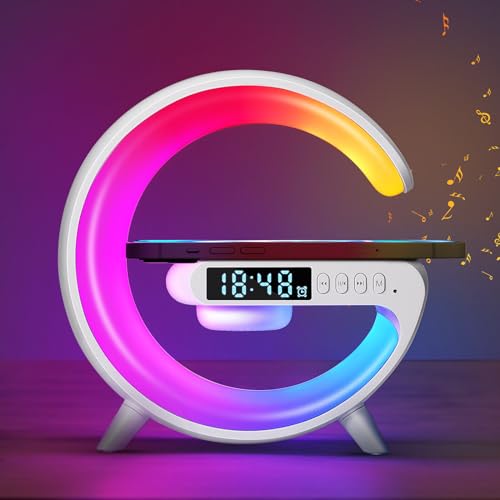 Wireless Charger Atmosphere Lamp, 2023 New Mini LED Table Lamp, Bluetooth Speaker, Dimmable Night Light Bedside Lamp Alarm Clock with Music for Christmas Birthday New Year Valentines Day Gifts