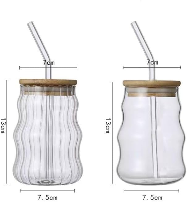 2 Pack Glass Drinking Glasses with Bamboo Lids and Glass Straw, Ribbed Glass Cups Vintage Drinking Glassware Ripple Crystal Cocktail Glasses for Iced Coffee Juice Beverage Milk 500ML