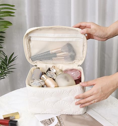Quilted Cotton Makeup Pouch, Coquette Quilted Toiletry Bag for Women and Girls, Floral Coquette Organizer Bag, Aesthetic Travel Cosmetic Bags (White Shells Drawstring)