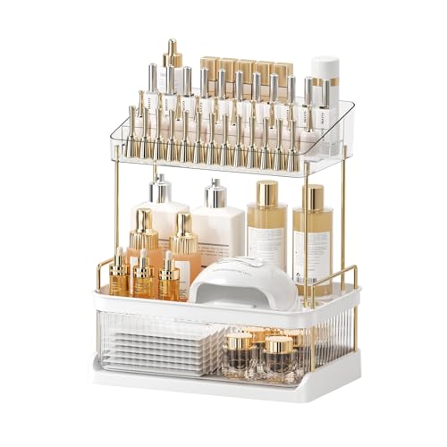 Makeup Organizer For Vanity, Drawer Skincare Organizer With Compartment, 2 Tier Large Bathroom Counter Organizer, Multi-purpose Makeup Organizer Countertop Exquisite, White Clear
