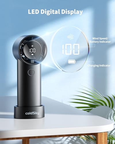 coldSky Portable Handheld Turbo Fan, 5 Speed Adjustable Personal Small Fan With Digital Display, Powerful High Speed 6000mAh Battery Operated Cooling Fan With Base For Outdoors, Travel, Home, Desk