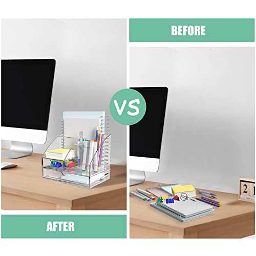 Banshou Upgraded Desk Organizer Office Accessories, Acrylic-Functional Desk Organizer with 5 Compartments and 2 Drawer for Home, Office, School, Workshop, kitchen (Clear)