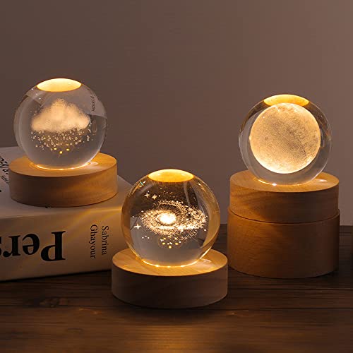 Goodern 3D Crystal Ball Night Light Clear Galaxy LED Light with Wooden Base Glass Ball Ornaments Nightlight Decolamp with Touch Switch LED Light Decorative Lamp Gifts for Home Desktop Decor-Planet