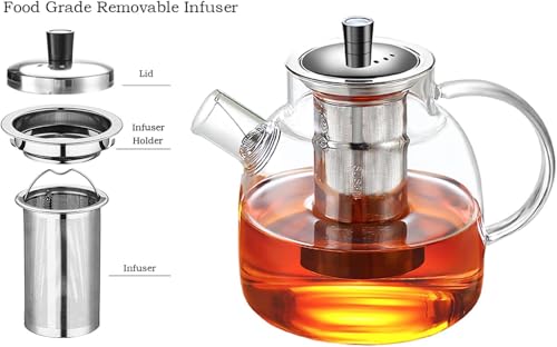 ORCHID MÂ® 1500ml(50oz) Large Round Glass Teapot with Removable, Borosilicate Heat Resistant Stovetop Safe Glass Tea Kettle Blooming for herbal tea,scented tea Stainless Steel Infuser Strainer