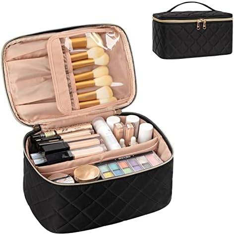 OCHEAL Makeup Bag, Portable Cosmetic Bag, Large Capacity Travel Makeup Case Organizer, Black Makeup Bags For Women Toiletry Bag for Girls Traveling With Handle and Divider