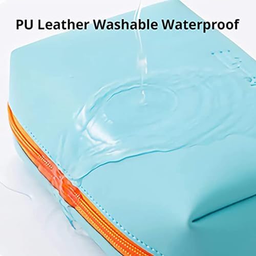 Small Makeup Bag, PU Striped Leather Cosmetic Bag, Portable Travel Makeup Pouch,Waterproof Cosmetic Pouch with Handle,Cute Makeup Bags for Women and Girls (Blue)