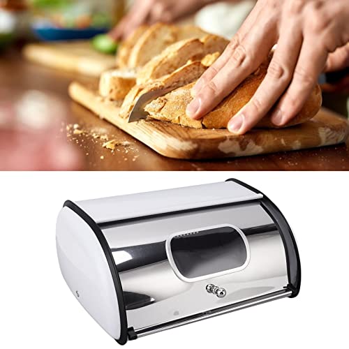 Airshi Metal Bread Box, Multi Purpose Bread Holder Large Capacity Sleek Mirror Finish Roll Top Bread Container with Clear Small Window for Kitchen Countertop, Island and Pantry (White)