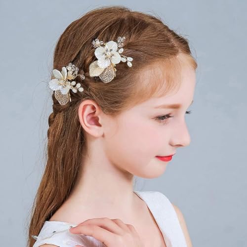 Wedding Flower Girl Hair Pins Bride Pearl Hair Piece Crystals Hair Clips Bridal Hair Accessories for Women and Girls Pack of 2 (Gold)