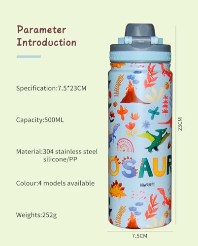 Water Bottle for Kids 500ML Water Bottle for Kids School Stainless Steel Water Bottle, BPA-Free Leakproof and Durable Hot Cold Liquids Sports School Bottle (Dinosaur Blue)
