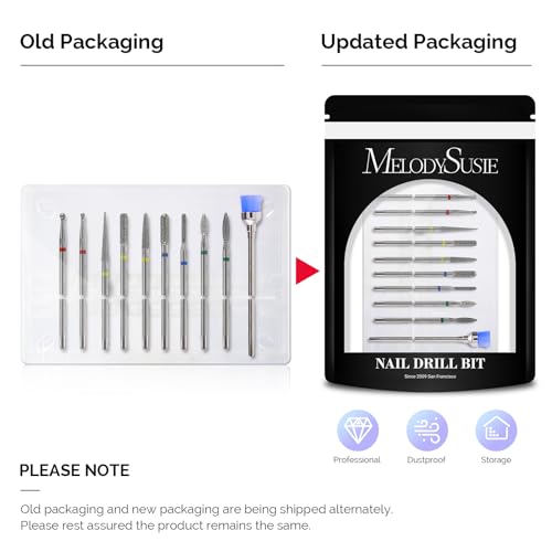 MelodySusie 10Pcs Diamond Nail Drill Bit Set, 3/32'' (2.35mm) Professional Cuticle Nail Drill Bits Kit for Acrylic Gel Nails, Efile Manicure Pedicure Shapen Remove Tools, Home Salon Use(Silver)