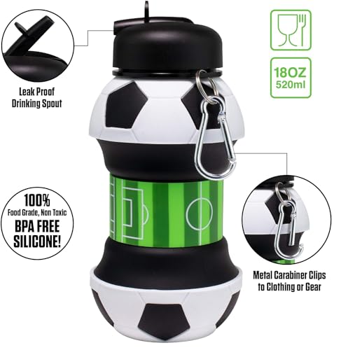 Vercapm Clip-On Collapsible BPA-Free Silicone Soccer Ball Water Bottle for Kids, 18 Oz. Size