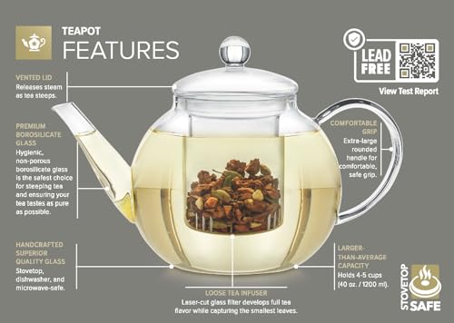 Teabloom Complete Tea Set - Stovetop Safe Glass Teapot with 12 Flowering Teas, Tea Warmer, 4 Double Wall Teacups & Removable Glass Infuser for Loose Leaf Tea - Celebration Flowering Tea Gift Set