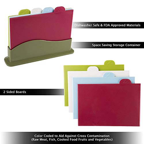 BonShine Cutting Board Set of 4, Plastic Non-slip Chopping Board with Stand, Color Coded Durable Boards with Icons for Food Safety in Space Saving Storage Case