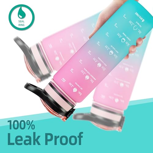 Water Bottle 1L / 32oz with Motivational Time Marker Straw Strainer SK Tritan Plastic BPA Free Sport Water Bottles for kids Fitness Gym Office Outdoor Sports and Exercise | Leak Proof (Pink & Blue)