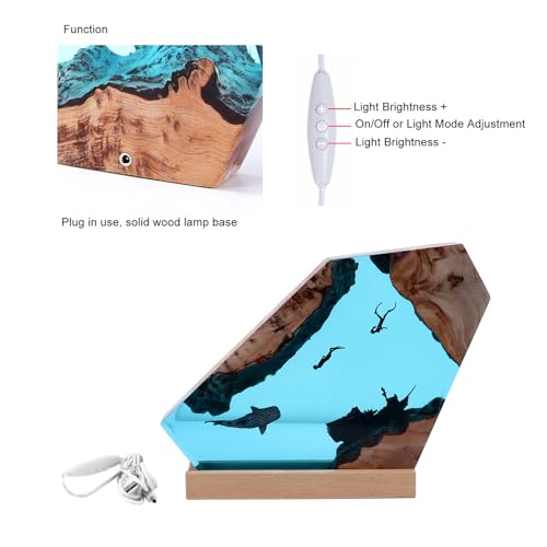 gernie Resin Diver and Humpback Whale LED Night Light, Large Handcrafted Wood Lamp for Home Decor, Desk Ornament