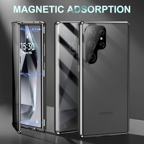 Xihemyfa Anti Peeping Cover for Samsung Galaxy S24 Ultra, Metal Frame Case Magnetic Adsorption Shockproof and Anti-Scratch 360?, Anti-Peeping Tempered Glass Privacy Protective Case, Gold