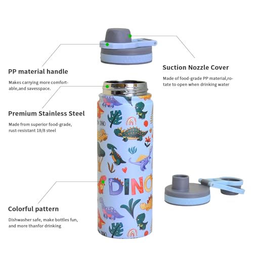 Water Bottle for Kids 500ML Water Bottle for Kids School Stainless Steel Water Bottle, BPA-Free Leakproof and Durable Hot Cold Liquids Sports School Bottle (Dinosaur Blue)