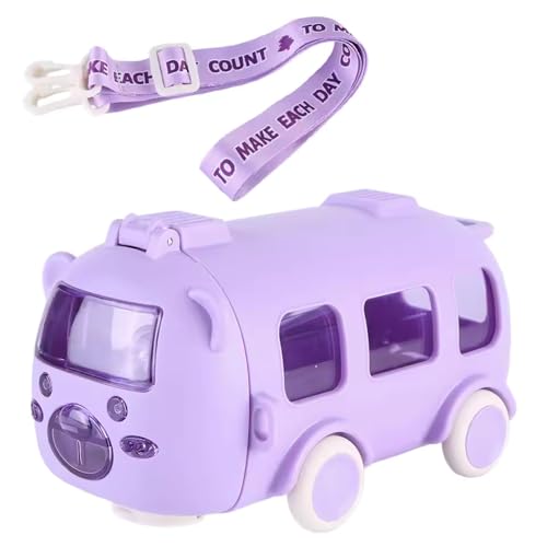 Twisoo Bus Design Water Bottle for Kid with Straw and Sticker Sport Plastic Portable Drinking Bottle for Kids Girls School Camping Trips Supplies with Shoulder Strap (Purple)