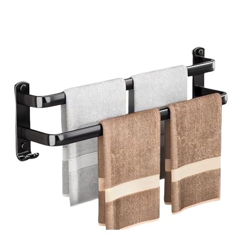 Fohome Towel Bar, Self-Adhesive Towel Rack with Hooks, 2 Rod Towel Holder for Bathroom, 16 Inch Wall Mounted Towel Hanger for Bathroom, Kitchen, Shower (Black)
