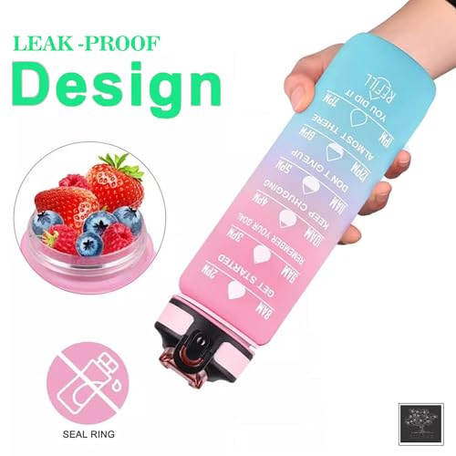 Sulfar Water Bottle 1L / 32oz with Motivational Time Marker Straw Strainer Plastic BPA Free Sport Water Bottles for kids Fitness Gym Office Outdoor Sports and Exercise| Leak Proof (Pink & Blue)