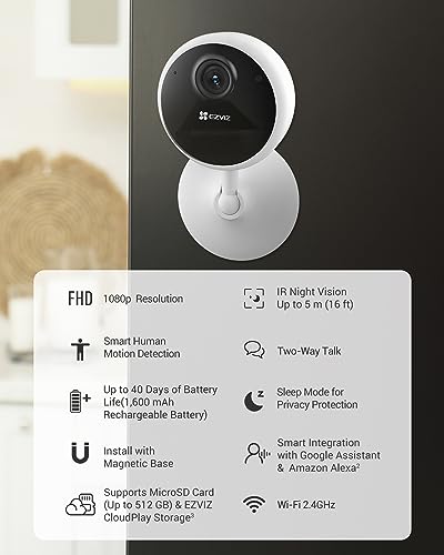 EZVIZ CB1 Indoor Security Camera, 1080p Home Battery Camera with IR Night Vision, Two Way Talk, Adjustable Magnetic Stand, Sleep Mode, Human Motion Detection, Works with Alexa, Supports MicroSD Card