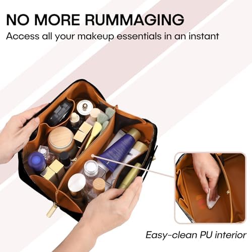 ALEXTINA Large Capacity Travel Cosmetic Bag - Portable Makeup Bags for Women Travel Toiletry Bag Waterproof Leather Checkered Makeup Organizer Bag, Roomy Cosmetic Bag for Women and Girls, Black,