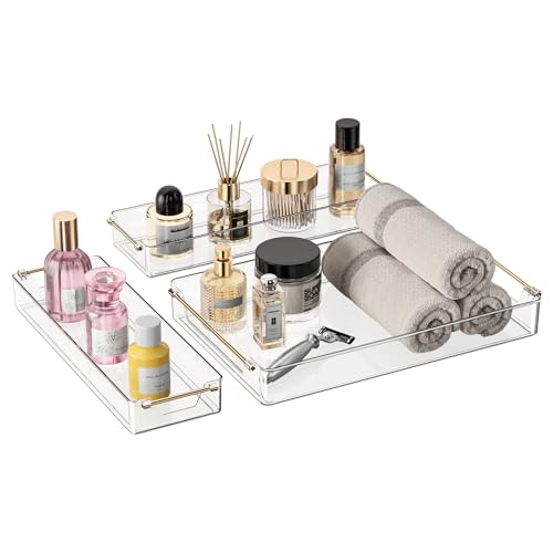 TenSteed Bathroom Trays,Vanity Tray with Gold Handles, Multi-Purpose Storage Organiser Set for Kitchen, Bathroom and Dining Table, Non-Slip Base (Transparent)