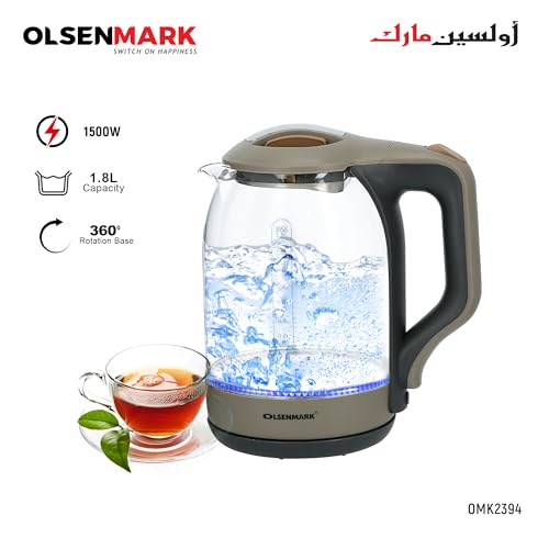Olsenmark OMK2394 Illuminating Glass Kettle | Boil Dry Protection & Auto Shut Off | Fast Boil & Easy to Clean | Ideal for Hot Water, Tea or Coffee | 1.8L Cordless Kettle | 1500W