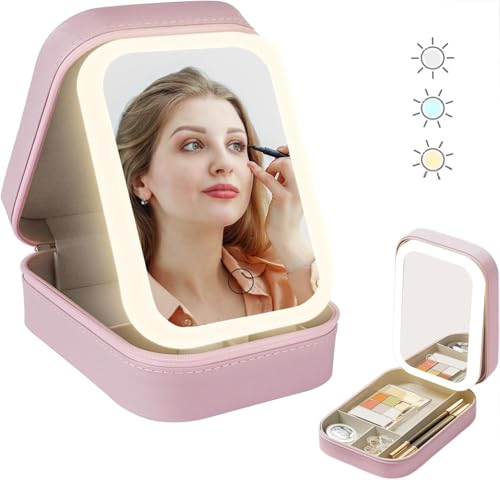 Tufexigo Travel Makeup Case with LED Mirror, Makeup Bag with Lighted Mirror, Cosmetic Train Storage Box, Portable Organizer Vanity Case for Women Beauty Tools Accessories Rechargeable (Pink)