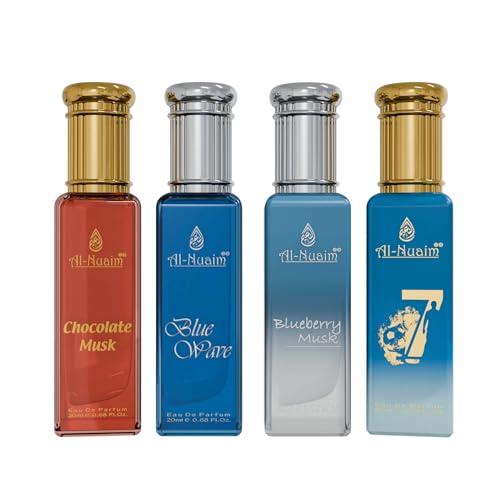 Al Nuaim French 4 EDP Gift Set For Unisex (4 X 20ml) Chocolate Musk, Blueberry Musk, Blue Wave 07, Long Lasting Liquid Fragrance (Pack Of 4)