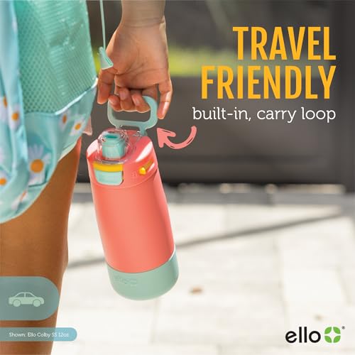 Ello Kids Colby 12oz Stainless Steel Insulated Water Bottle with Straw and Built-In Silicone Coaster Carrying Handle and Leak-Proof Locking Lid for School Backpack, Lunchbox, and Outdoor Sports, Lilac