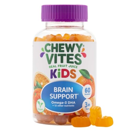 Chewy Vites Kids Brain Support 60 Gummy Vitamins | Omega 3 DHA Gummies for Kids | 12 Essential Vitamins and Minerals | 2 Months Supply | Real Fruit Juice | 1-a-Day | Vegan | 3 Years +