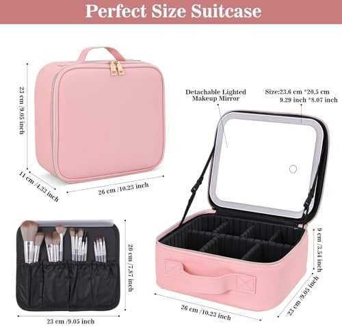 MOMENT Makeup bag with LED mirror, Travel Makeup Bag 3 Adjustable Brightness LED makeup bag with mirror and Dividers suitable for your Jewelry, Essential oil,Toiletries storage and makeup daily Pink