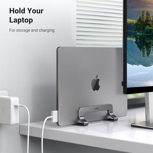 UGREEN Aluminum Vertical Laptop Stand, Double Desktop Stand Holder with Adjustable Dock Space-Saving Anti Slide Silicone Grips for All Tablet/iPad MacBook/Surface/Samsung/HP/Dell/Chrome Book Silver