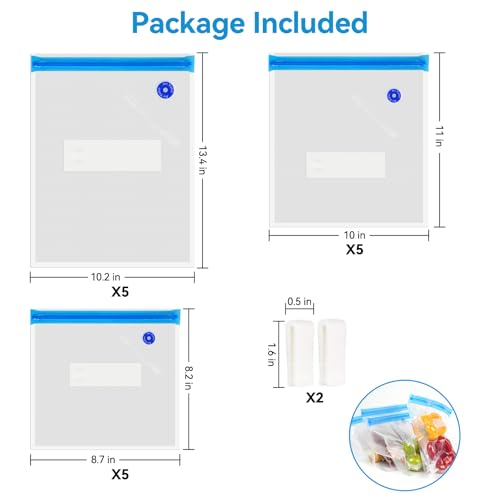 WVacFre Sous Vide Bags 15 pcs Reusable Vacuum Sealer Bags Zip Lock bag for Food Storage and Cooking BPA Free with 2 Sealing Clips