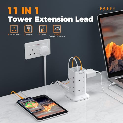 TESSAN Tower Extension Lead with USB C Slots, 8 Way Multi Plug Extension Sockets 2M Cord, Surge Protected Extension Lead with Switch, Multi Extension Plug Tower Power Strip for Home, School Supplies