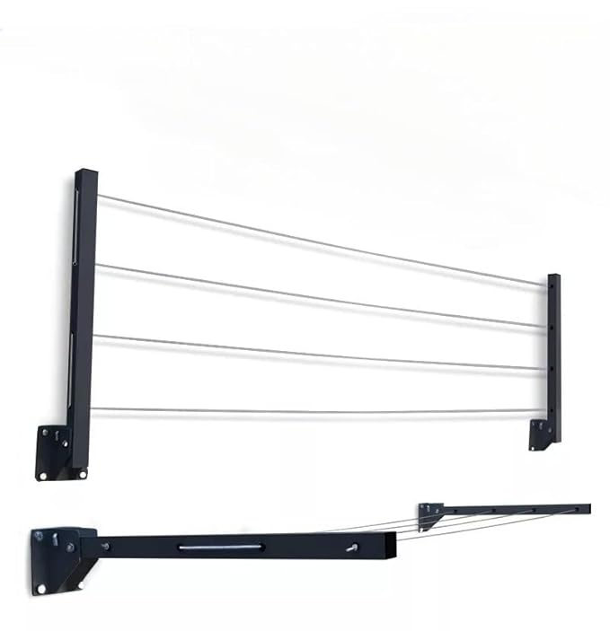 GLITZ® Clothes Drying Stand Space Saving Foldable 4 Wire Metal Wall Mount, Collapsible Rack Powder Coated Rust Proof Four Tier With Free Clothesline (Black)