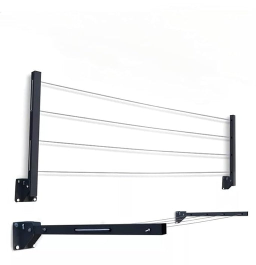 GLITZ® Clothes Drying Stand Space Saving Foldable 4 Wire Metal Wall Mount, Collapsible Rack Powder Coated Rust Proof Four Tier With Free Clothesline (Black)