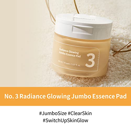 numbuzin No.3 Toner Pads | Radiance Glowing Jumbo Essence Pad | Clear Glass Skin, Skin Radiance, Texture Care | Biodegradable Vegan Pads, Fermented Ingredients, Niacinamide | 70 pads/150ml
