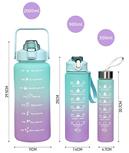 HALAMODO Sports Water Bottles Set of 3, 2000ml+900ml+500ml BPA Free Motivational Sports Water Bottle with Time Capacity Marker Water Bottle for School, Office, Home, Gym