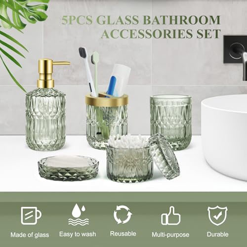 Topsky Green Bathroom Accessory Set, Glass Bathroom Decor Countertop Organizer,5Pcs Bathroom Accessories with Lotion Dispenser(Cylindrical), Soap Dish, Toothbrush Holder, Tumbler, Cotton Swab Jars