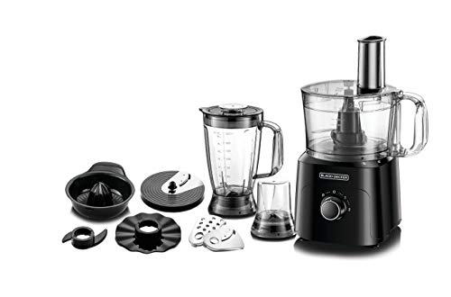 BLACK+DECKER 5-in-1 Food Processor, 750W Power, 2L Processing Bowl, 1.8L Blender Jar with Stainless Steel Blades, 34 Functions for Chopping, Slicing, Shredding, Compact Design, Black - FX775-B5