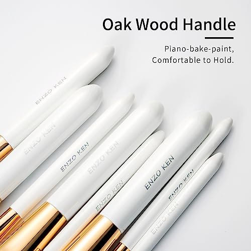 ENZO KEN White and Gold Organic Makeup Brush Set by, 12 Piece Pearls Eyeshadow Brush Sets with Trave Case, Large Thick Face Contour Brushes with Roll up Bag - Professional Basic Sets & Kits